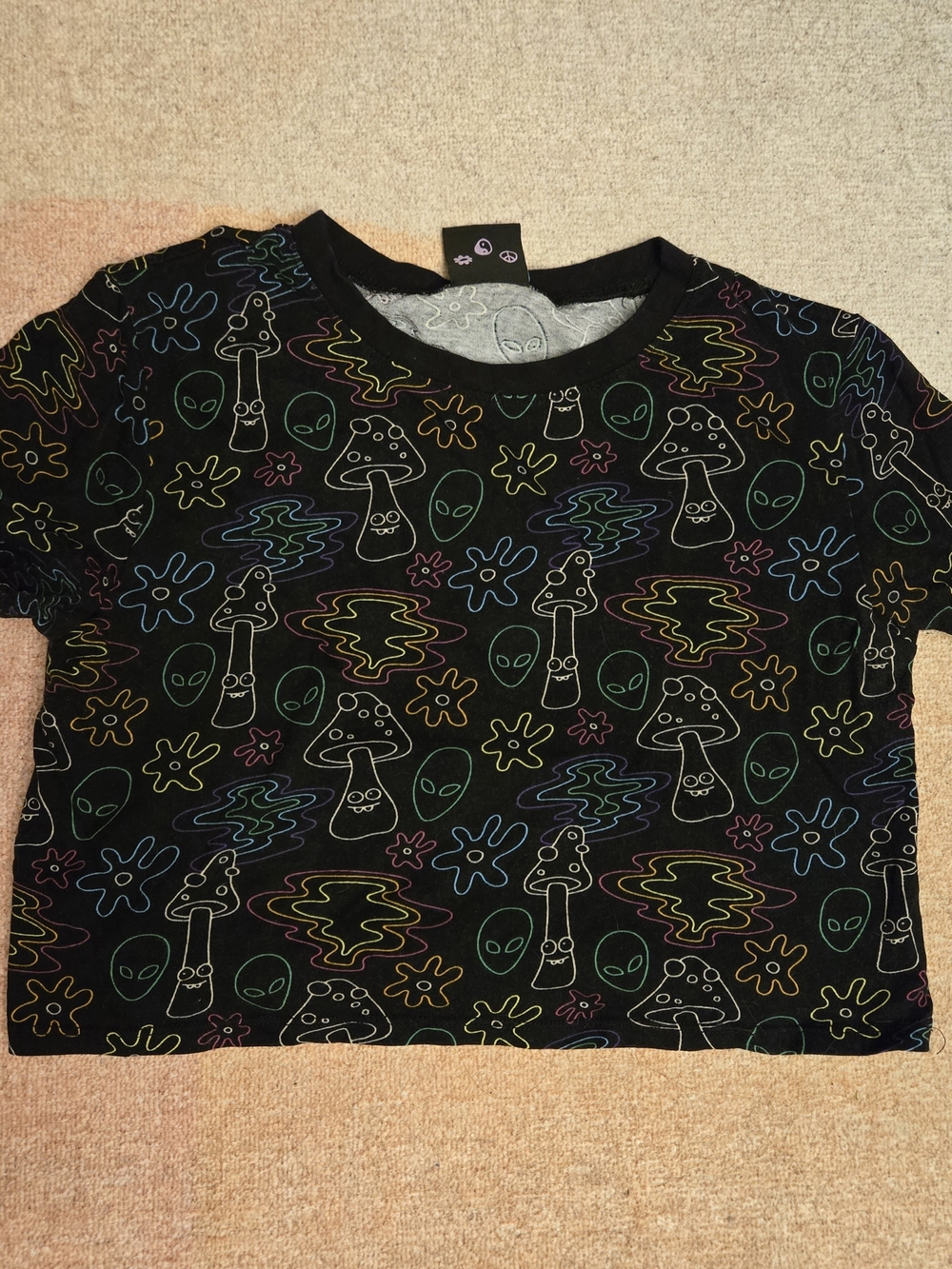 Crop Black Neon Alien & Mushroom Graphic Tee